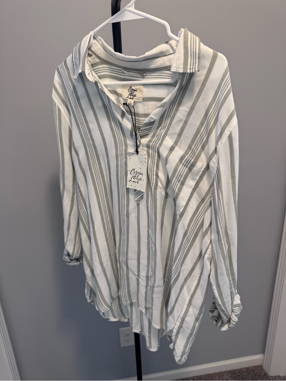 Women's Striped Button-Down Tunic Shirt - White & Light Gray